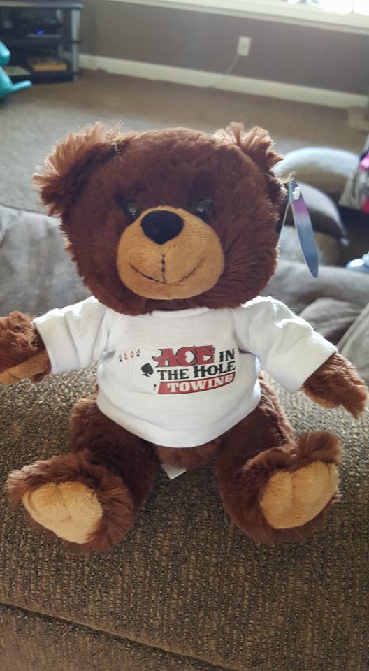 When you are out on the road, and something goes wrong, it helps to have a bear to give you a hug. While our mascot bear can't be out on the road with all our drivers, our the spirit of our Ace Bear rides with all our tow trucks and all our drivers all the time.