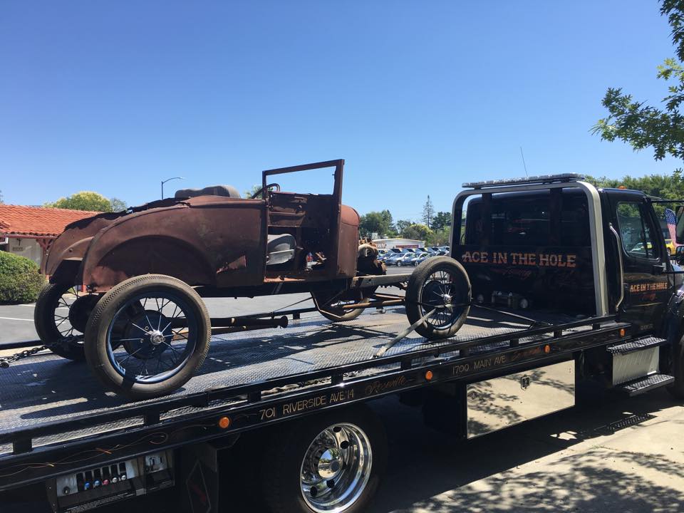 Beautifully restored classic cars start out like this. Then, after a whole bunch of loving care, they turn into wonderful examples of what is possible. Whether you are just getting started on a car or truck restoration, or you are done and need it transported to a new location, Rocklin Ace Towing is the company to call.