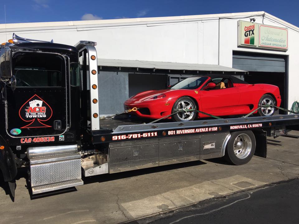 Rocklin Ace Towing gets to tow fast cars sometimes, like this red Ferrari. Whatever you need towed, we have the right equipment to handle it. Our state of the art flatbed tow trucks can handle any vehicle. To get great towing service, call Rocklin Ace Towing.