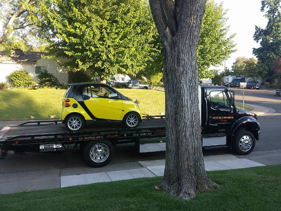 We picked up this little yellow car at Thunder Valley Casio when it wouldn't run properly. Rocklin Ace Towing is always prepared to make a quick run out to Thunder Valley Casino to render automotive aid.